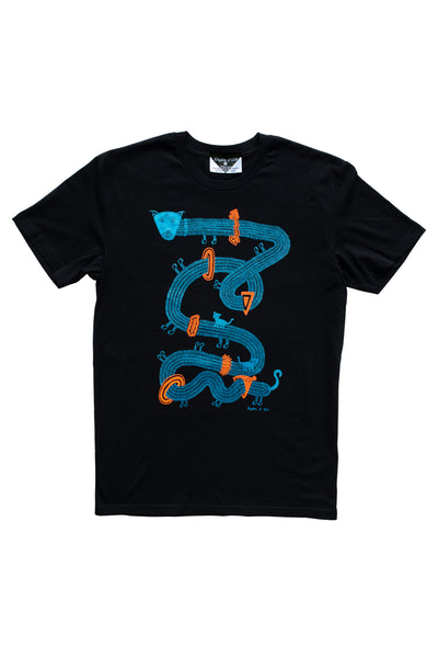 The Time Travelling Dog Men's Sovereign Tee, Black with Metallic Blue
