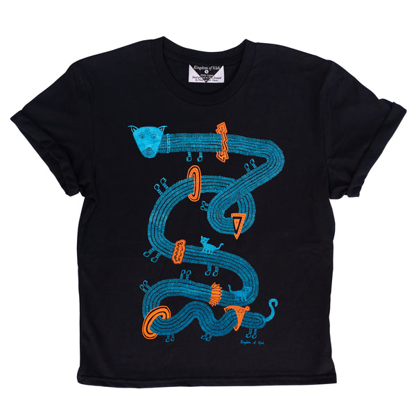 The Time Travelling Dog Women's Monarch Tee, Black / Metallic Blue