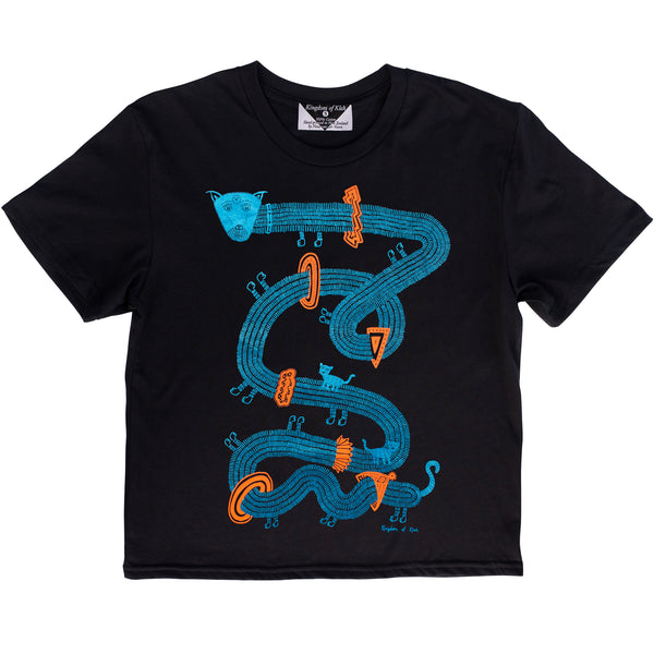 The Time Travelling Dog Women's Monarch Tee, Black / Metallic Blue