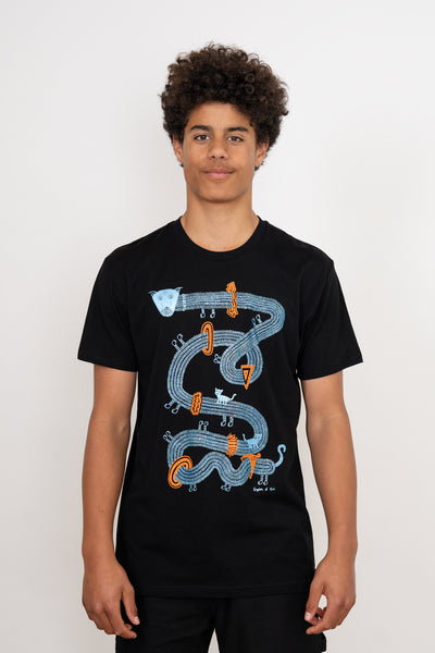 The Time Travelling Dog Men's Sovereign Tee, Black with Metallic Blue