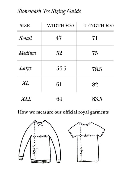 Kingdom of  Klah Stonewash Tee Sizing Guide