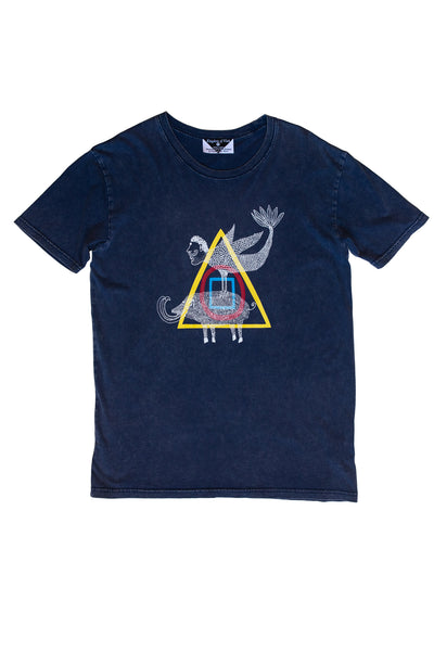 Kingdom of Klah Handprinted Stonewash Blue Men's Tshirt Mervyn Sagetusk Design
