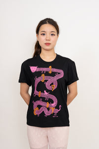 The Time Travelling Dog Women's Monarch Tee, Black/Pink/Orange